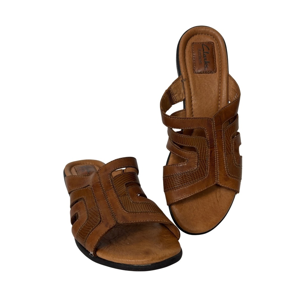 Clarks Artisan Sandals size 9 Brown Leather Slide Wedge Summer Boho Casual